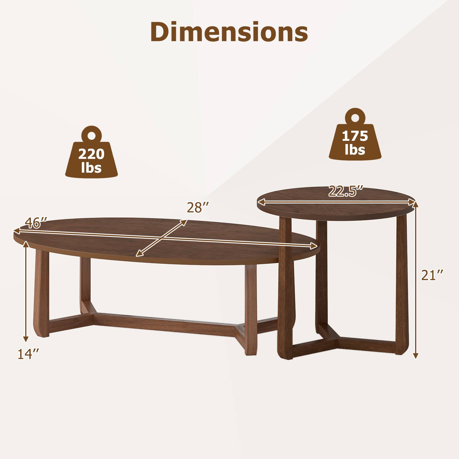 Dimensions:  
46" x 28" x 21" x 14"  
Weight Capacity:  
220 lbs (table)  
175 lbs (top)