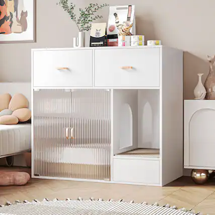 Front. MSOOB - 37.4" Cat Litter Box Cabinet With Storage Hidden Cat Litter Furniture Modern Litter Box Enclosure For 1-2 Cats - White.