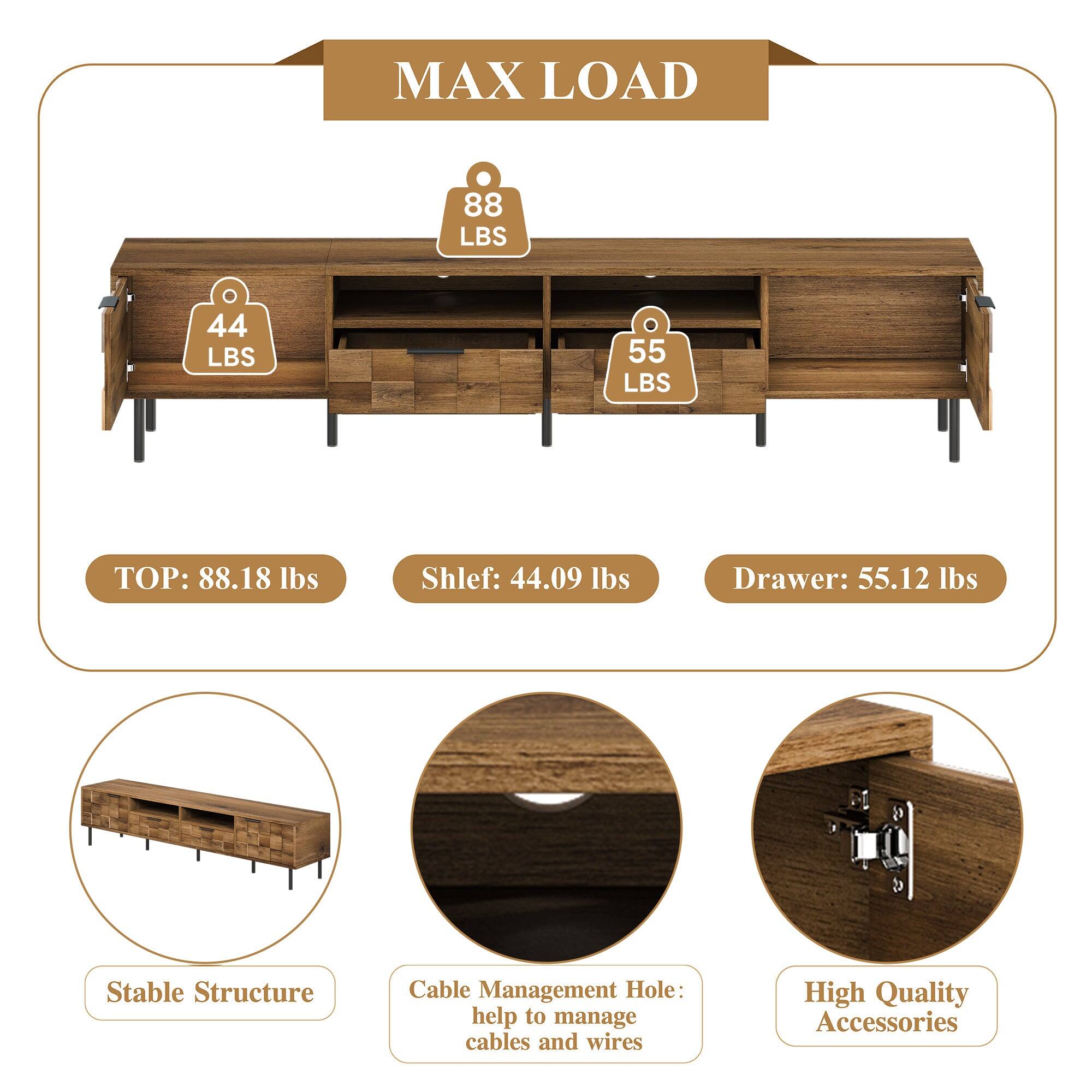 MAX LOAD

TOP: 88.18 lbs  
Shelf: 44.09 lbs  
Drawer: 55.12 lbs

- Stable Structure
- Cable Management Hole: help to manage cables and wires
- High Quality Accessories