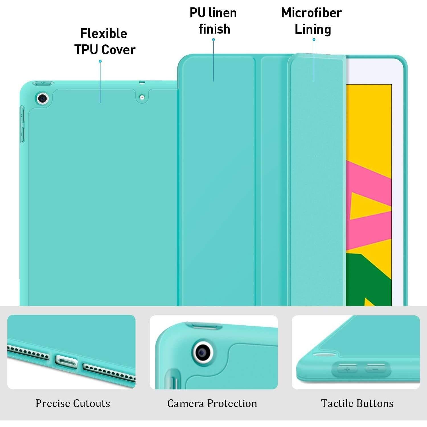 The image features a blue case for a tablet, which is made of TPU material with a linen finish. The case has precise cutouts for the camera and buttons, providing protection and ease of use. The case is flexible, allowing for a comfortable grip and portability.