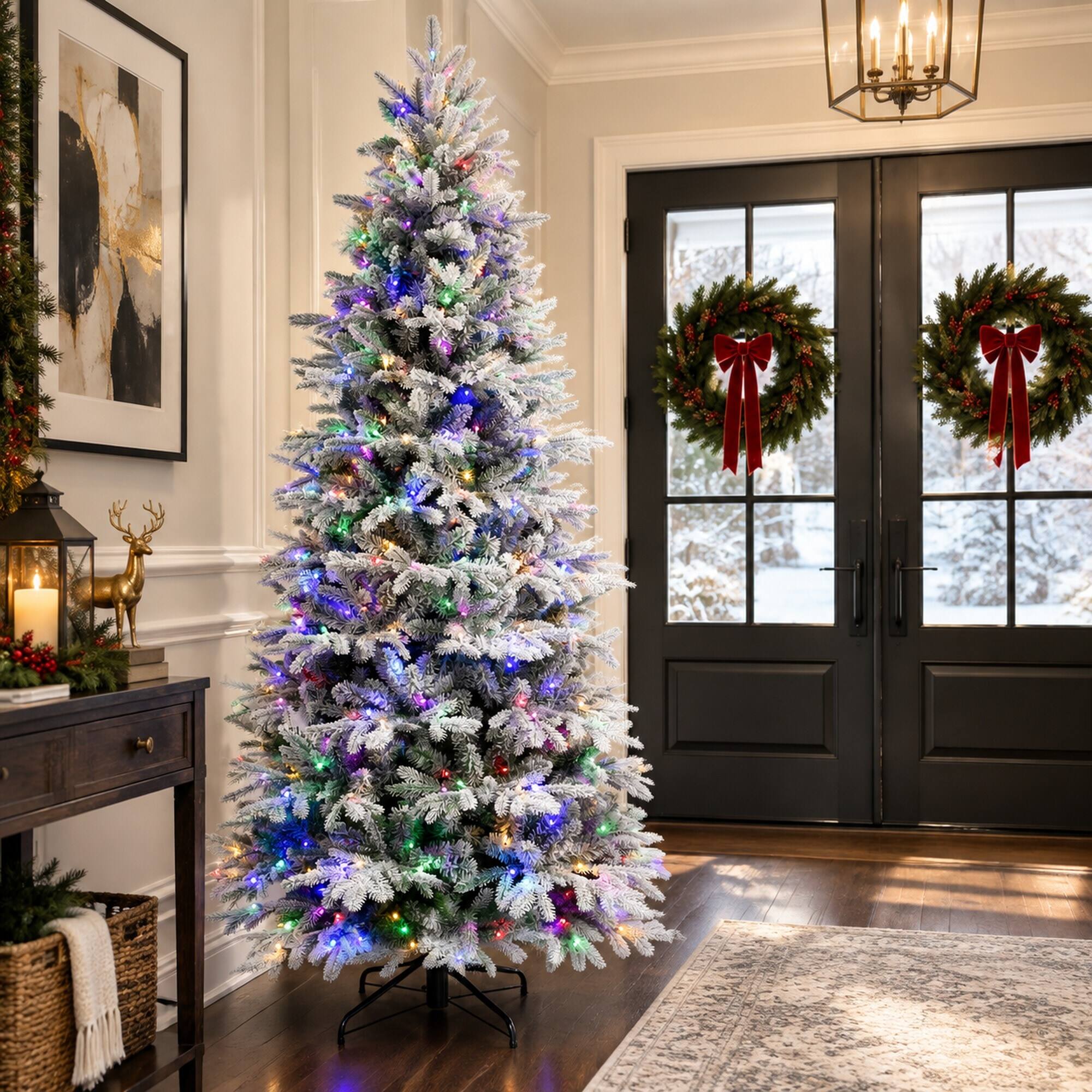 Alt View 2. RYHNUYNE - 6FT Pre-Lit Flocked Christmas Tree With 300 Two-Color LED Lights and 1582 Tips, 9 Modes and Metal Stand - Green,White.