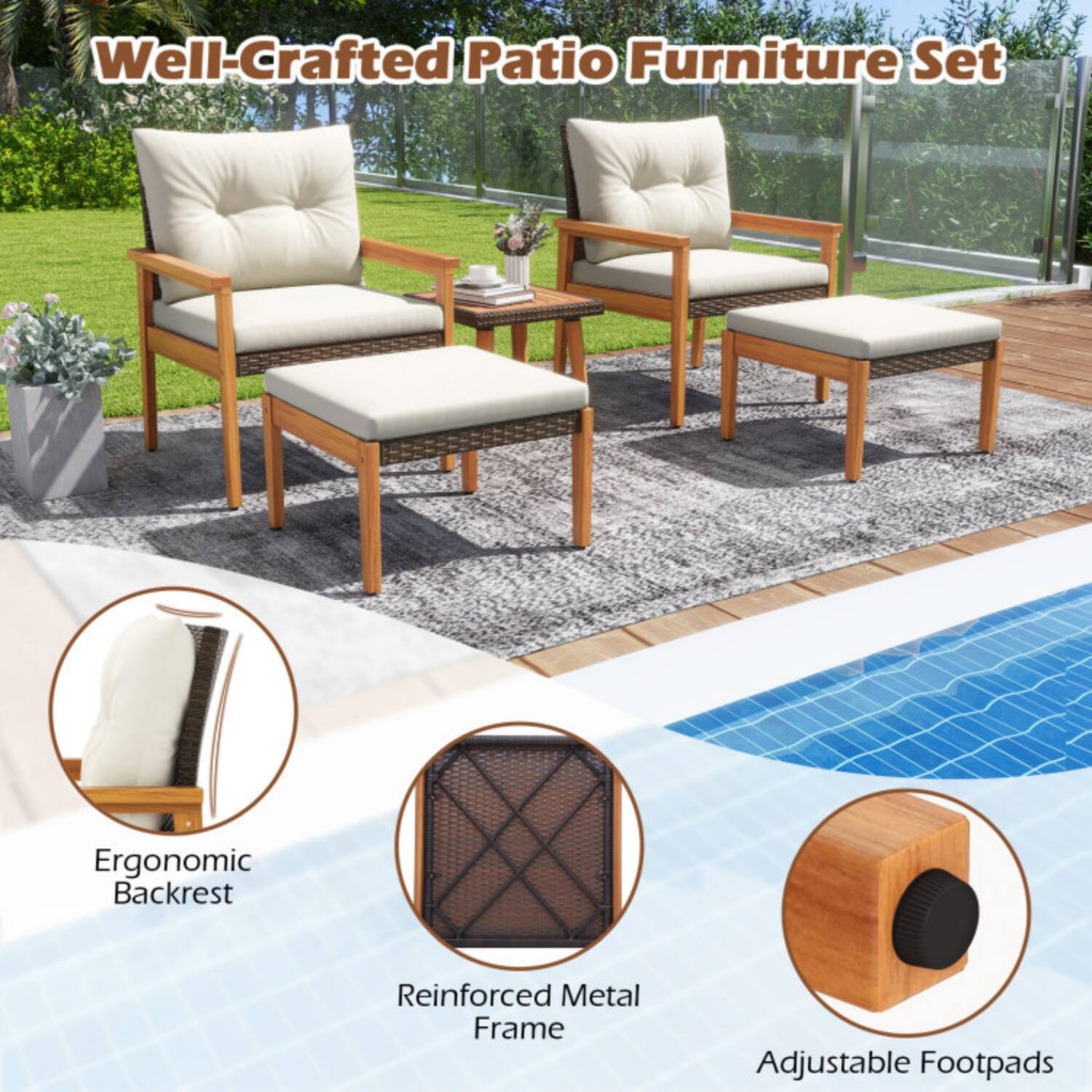 Well-Crafted Patio Furniture Set

- Ergonomic Backrest
- Reinforced Metal Frame
- Adjustable Footpads