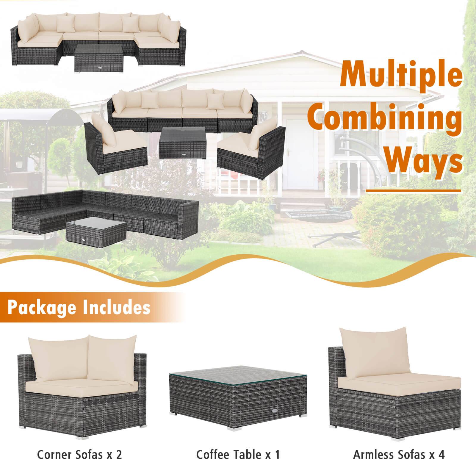 Multiple Combining Ways
Package Includes
Corner Sofas x 2
Coffee Table x 1
Armless Sofas x 4