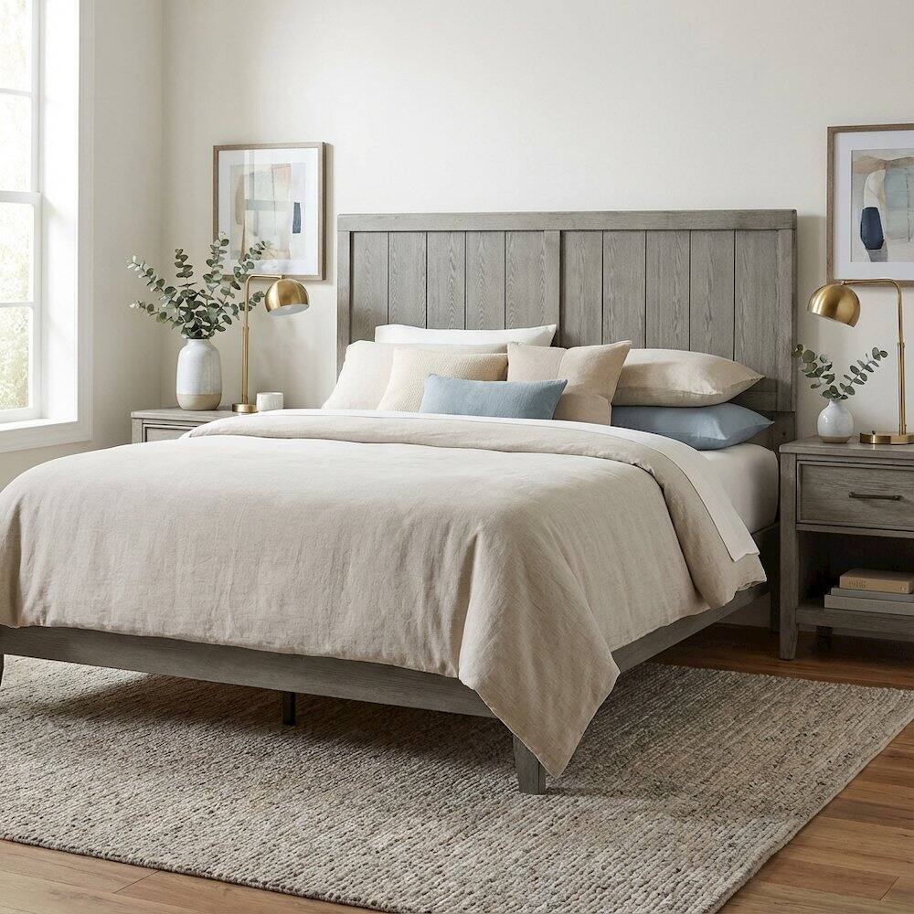 Left. FurniFact - Wood King Headboard with Sturdy Construction and Classic Design for Bedroom - Gray.