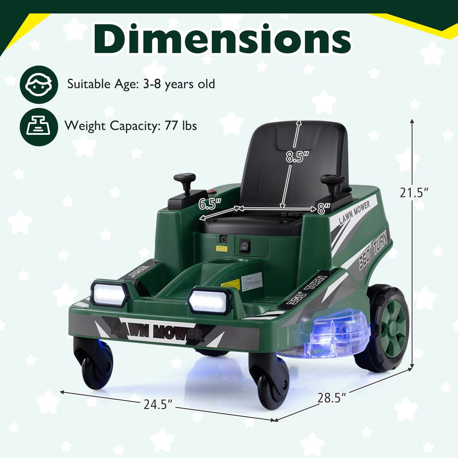 Dimensions  
Suitable Age: 3-8 years old  
Weight Capacity: 77 lbs  

8.5"  
6.5"  
21.5"  
24.5"  
28.5"