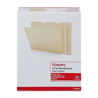 Staples  
3-Tab Reinforced File Folders  
Letter Size  
Reinforced Tabs  
100 Folders  
Manila  
ST56682