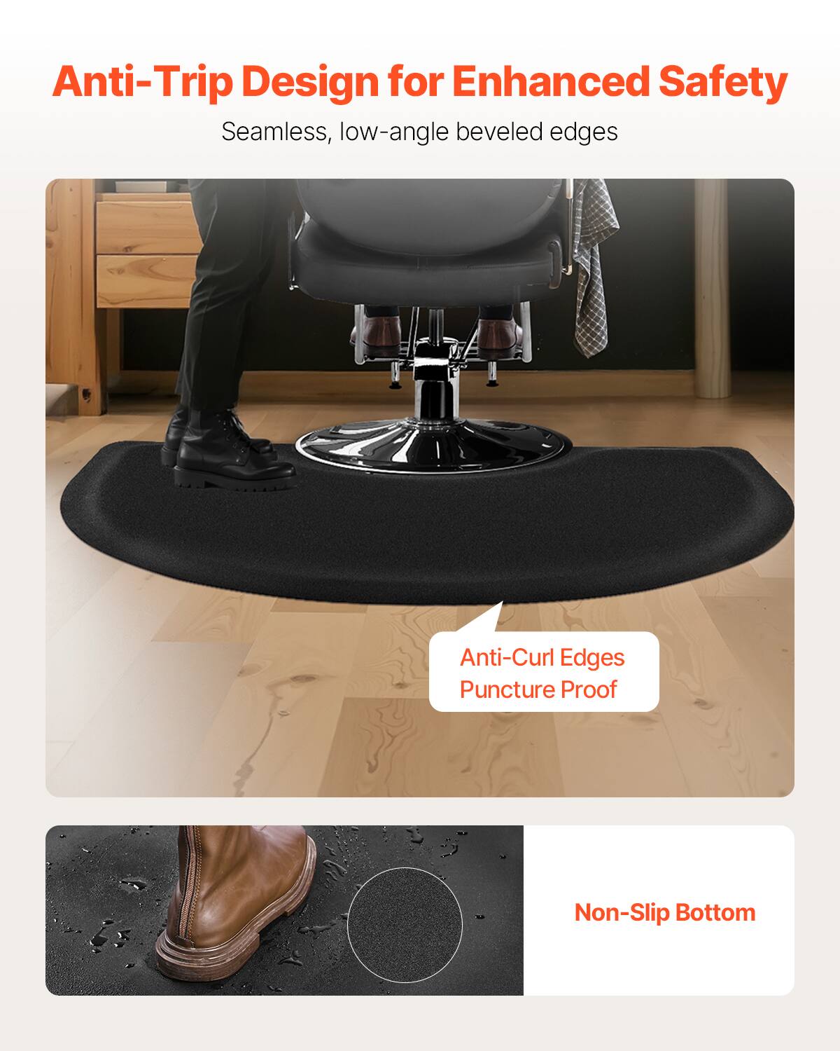 Anti-Trip Design for Enhanced Safety
Seamless, low-angle beveled edges
Anti-Curl Edges Puncture Proof
Non-Slip Bottom