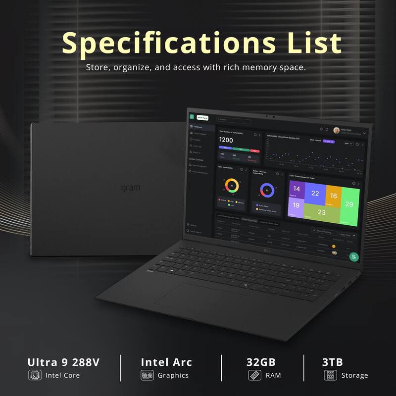 Specifications List  
Store, organize, and access with rich memory space.

- Ultra 9 288V
- Intel Core
- Intel Arc Graphics
- 32GB RAM
- 3TB Storage