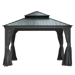 Loheer - 12x12 Hardtop Gazebo with Drainage System, Dual Layer Steel Roof, Curtains and Netting, Grey
