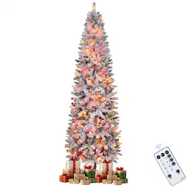 Sugift - 7.5 Pre-Lit Pencil Snow Flocked Christmas Tree W/641 Branch Tips and 350 Remote-controlled Multi-Color Lights - White