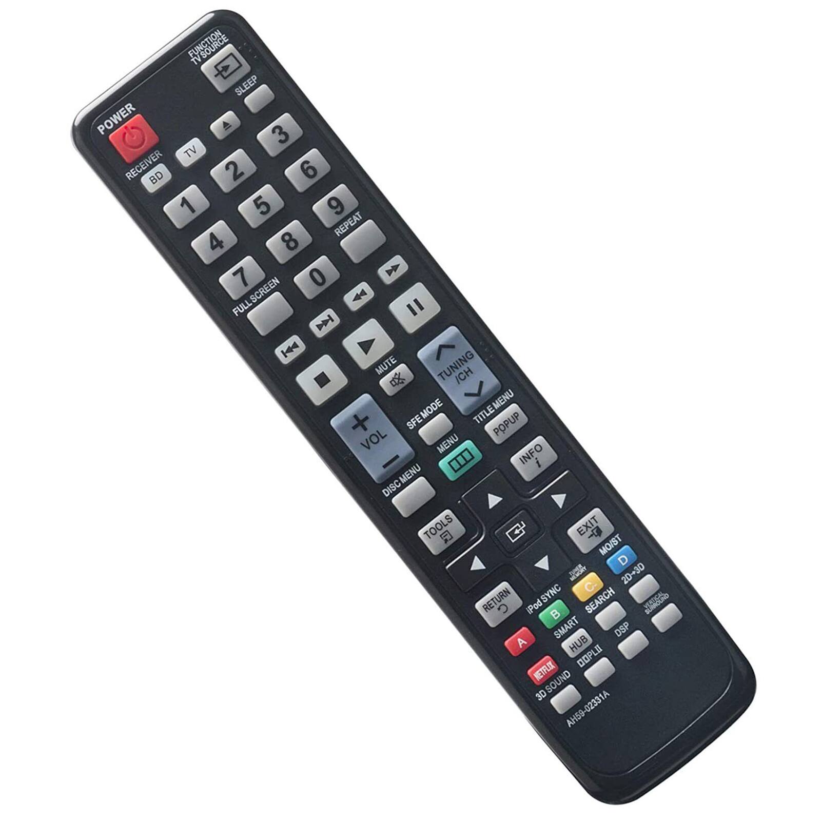 FUNCTION SLEEP POWER TV RECEIVER BD 1 2 3 4 5 6 7 8 9 0 REPEAT FULLSCREEN MUTE TUNING ICH MODE TITLE MENU + SFE TITLE POPUP VOL MENU INFO DISC MENU DISC TOOLS EXIT MOIST - 20-30 RETURN IPod SYNC SEARCH T SMART DSP A HUB DOPLI NETFLIX SOUND 3D AH59-02331A