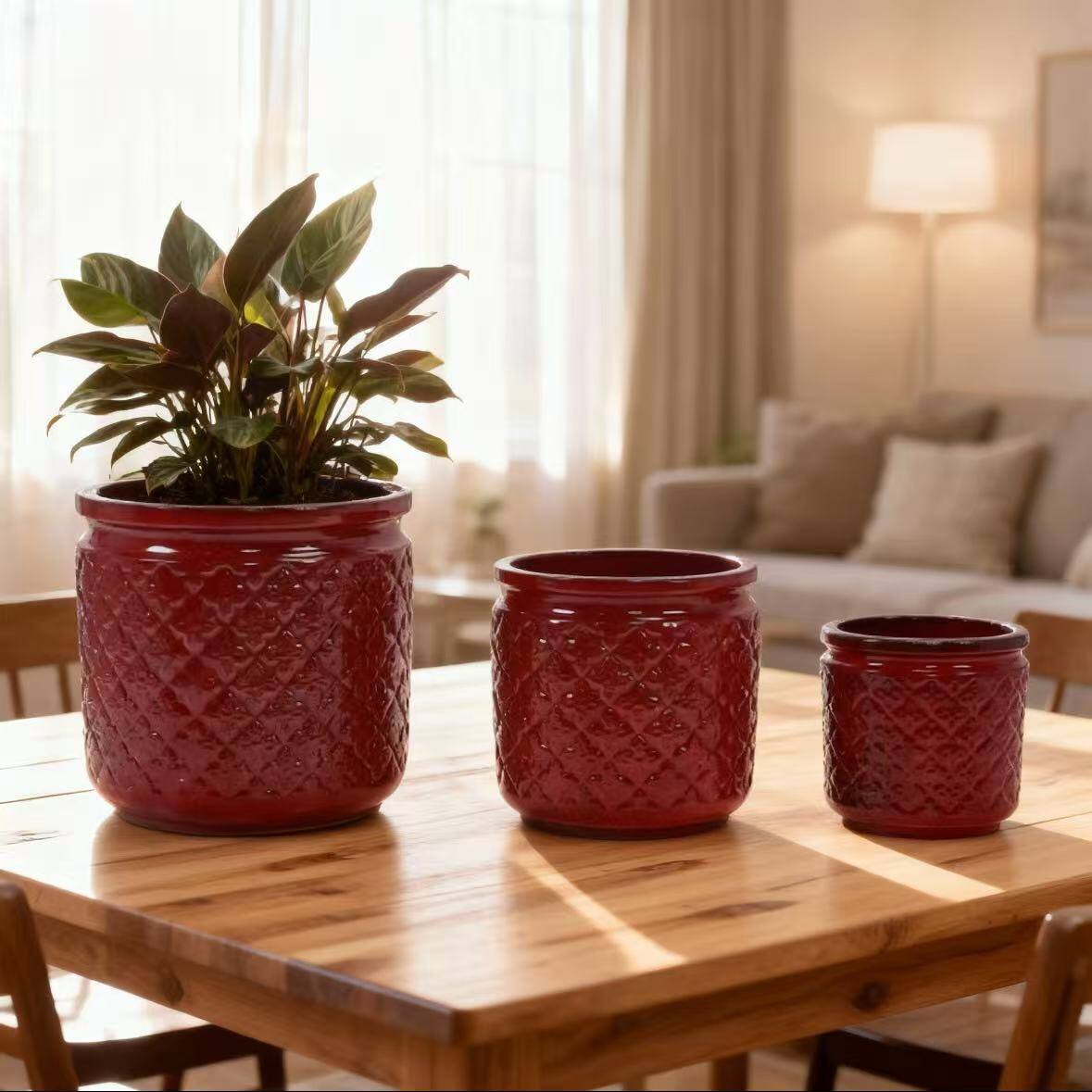 Back. Loheer - Loheer Ceramic Planter Set, Handmade Burgundy Indoor Plant Pots, Diamond Pattern, Breathable Clay, 15 12 9 Inch.