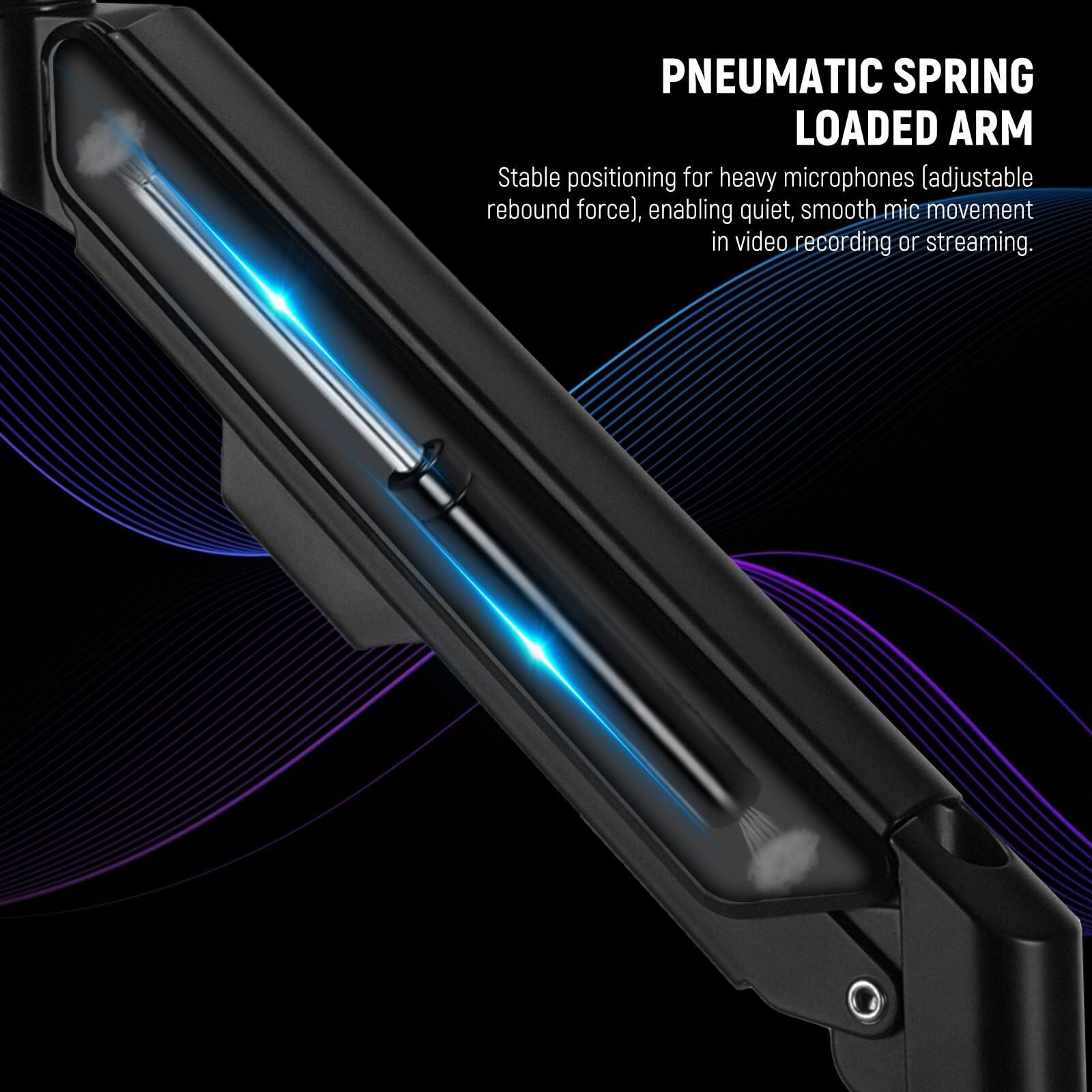 PNEUMATIC SPRING LOADED ARM

Stable positioning for heavy microphones (adjustable rebound force), enabling quiet, smooth mic movement in video recording or streaming.