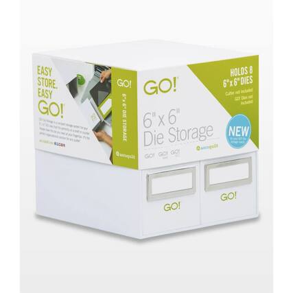 EASY STORE. EASY GO! GO! Go! Storage is compact storage system for your dies. It's perfect for your fingertips on your counter. It's the perfect organizational solution for any quilt! - a HOLDS 8 GO! 6"x 6" DIES GO! Cutter not included. GO! Dies not included. GO! 6"x 6" DIE STORAGE Die Storage NEW for your GO! storage. GO! GO! accuquilt GO! GO!