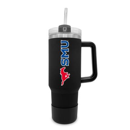 Front. The Fanatic Group - SMU Mustangs 40oz. Stainless Tumbler with Handle & Removable Straw - Red.