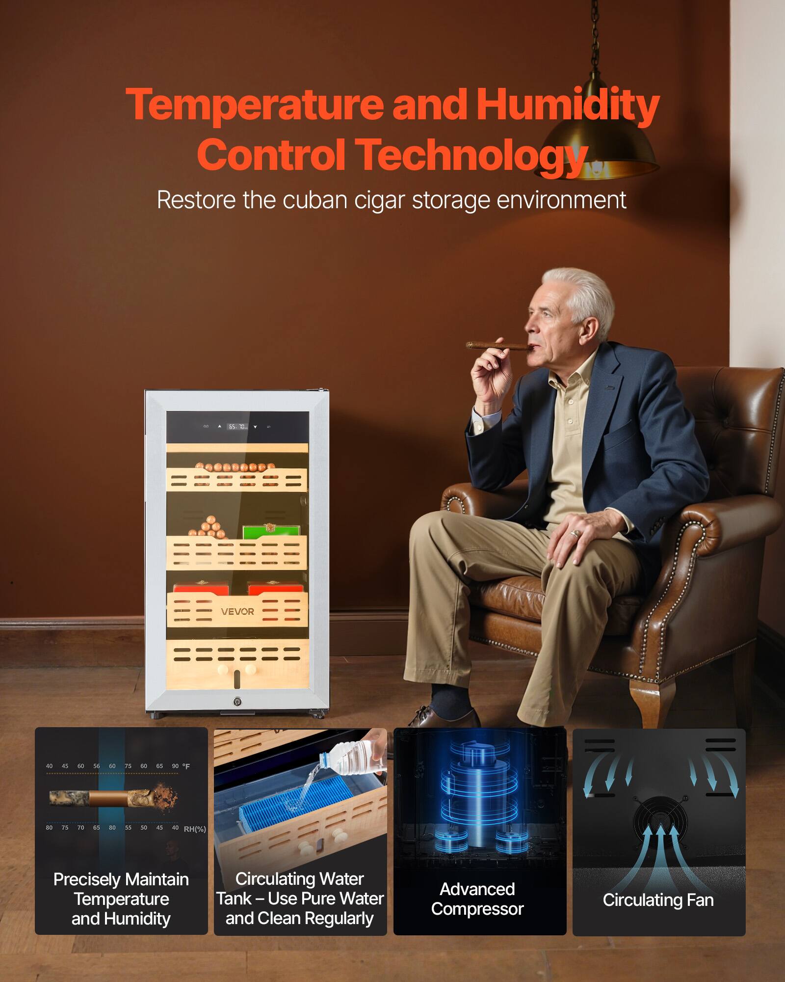 Temperature and Humidity Control Technology  
Restore the cuban cigar storage environment  

Precisely Maintain Temperature and Humidity  
Circulating Water Tank – Use Pure Water and Clean Regularly  
Advanced Compressor  
Circulating Fan