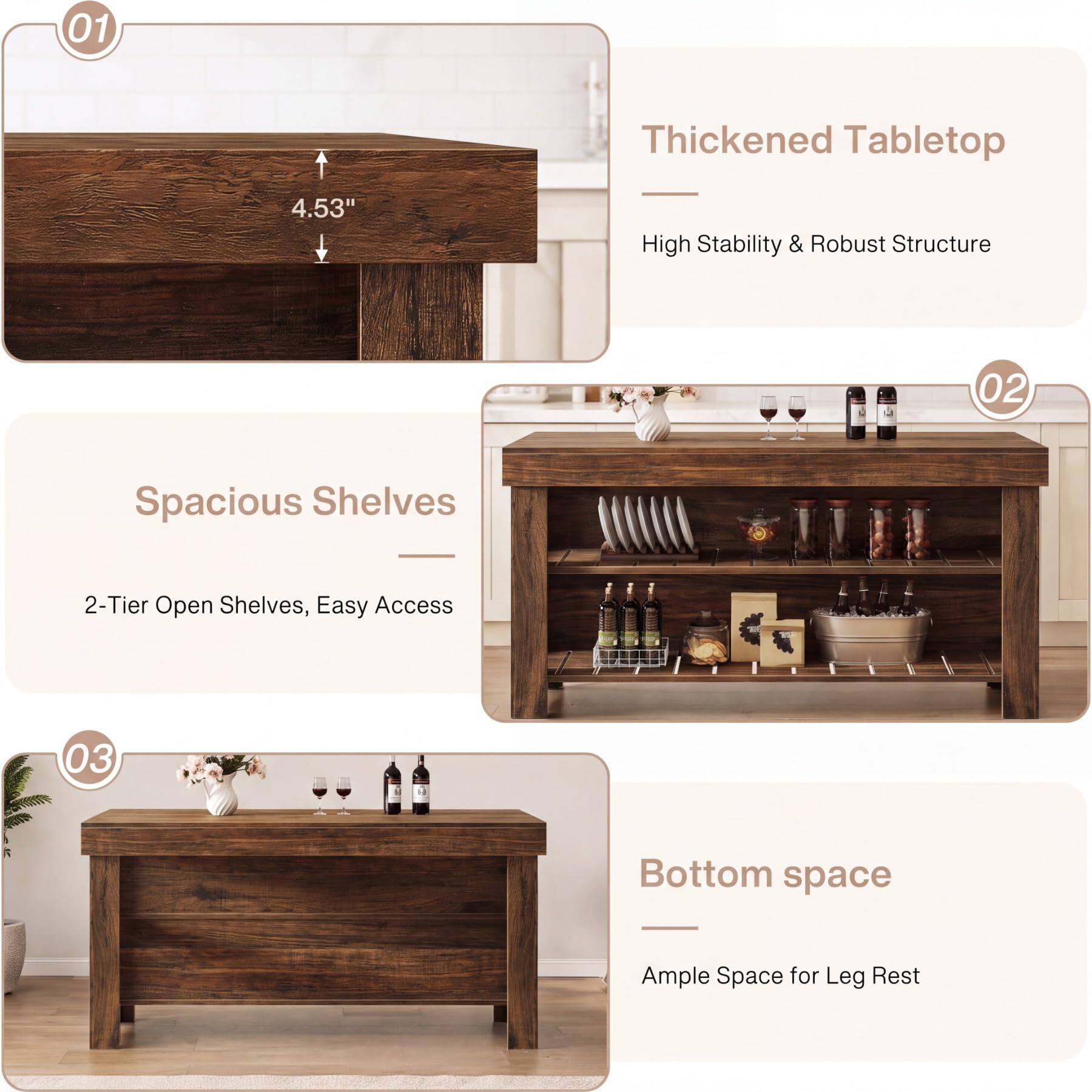 01
Thickened Tabletop
4.53"
High Stability & Robust Structure

02
Spacious Shelves
2-Tier Open Shelves, Easy Access

03
Bottom Space
Ample Space for Leg Rest