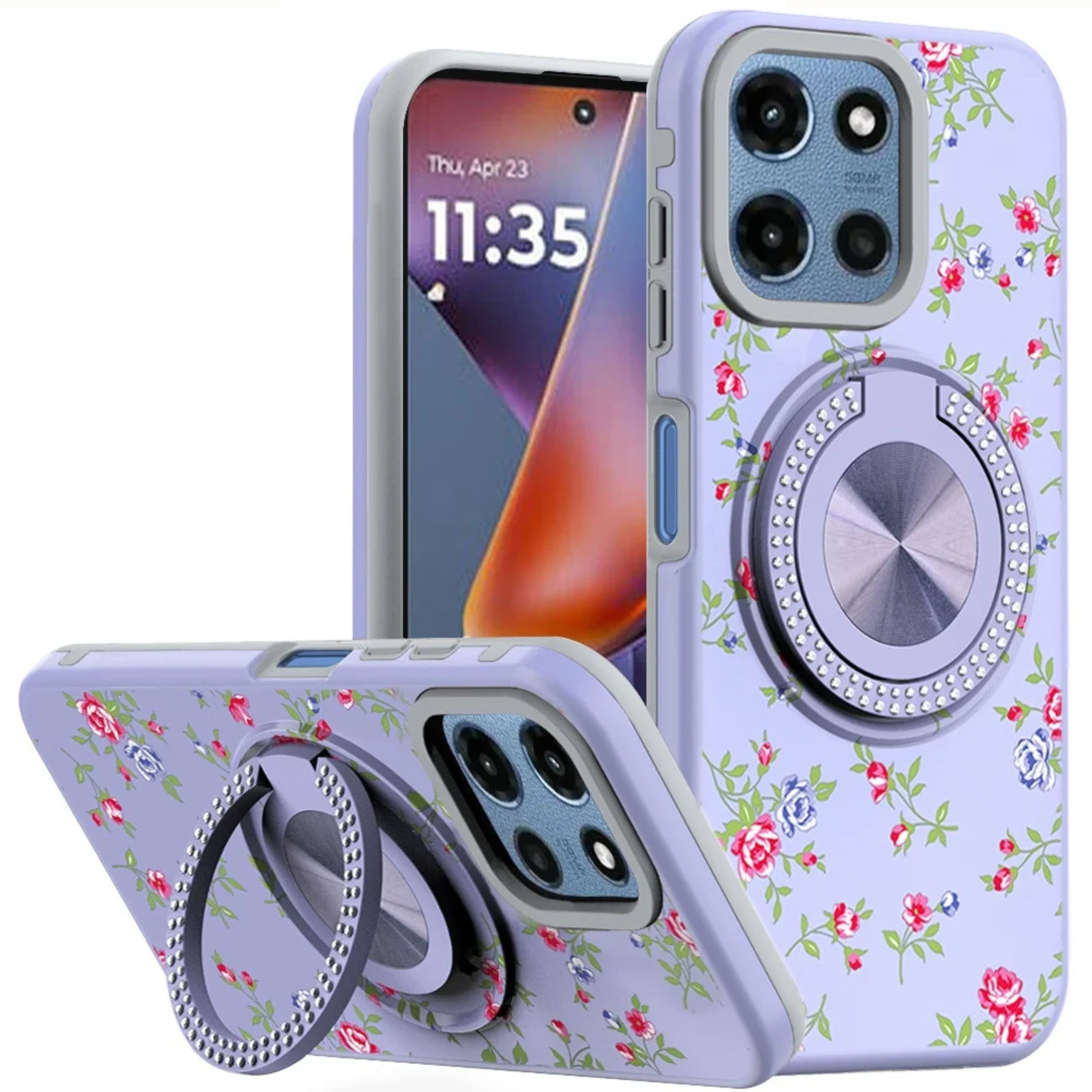Kitcheniva - Bling Case For Moto G 2025 2026 G Play 2026 With 360 Degree Stand And Tempered Glass - Floral