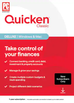 PC MAG.COM EDITORS' CHOICE
Quicken Classic
DELUXE | Windows & Mac
Take control of your finances
- Connect banking, credit card, debt, investment & property accounts
- Manage & grow your savings
- Create multiple custom budgets & track spending
- Project different debt scenarios
New Subscribers Only
1-year subscription | Includes automatic connection to latest, up-to-date version