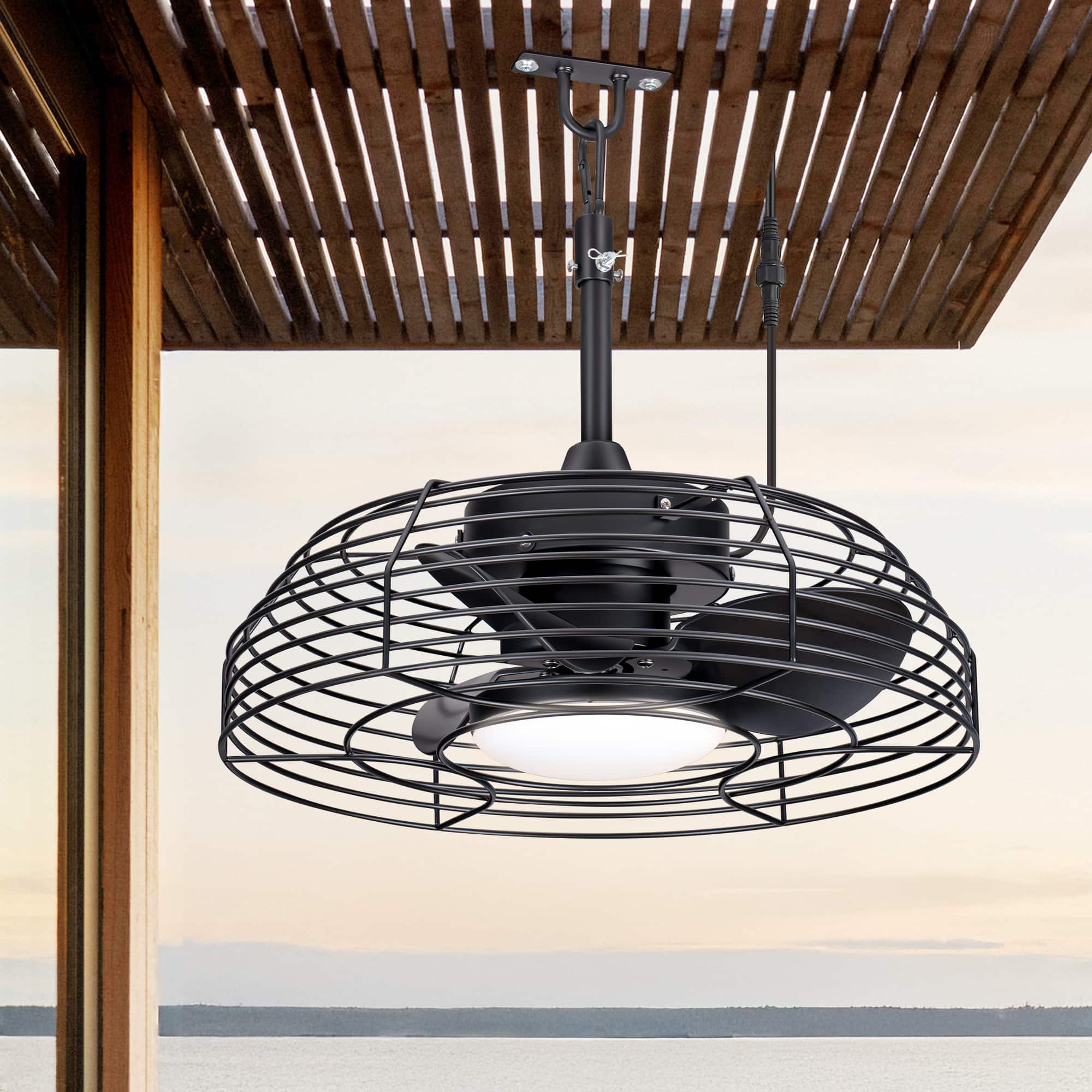 Breezary - 19-Inch Waterproof Ceiling Fan with LED Light, 3 ABS Blades, DC Motor, 6 Speeds, Long Cord and Remote Control - All Black(Plug-in)