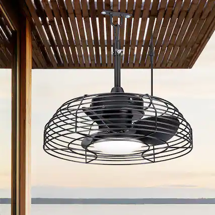 Front. Breezary - 19-Inch Waterproof Ceiling Fan with LED Light, 3 ABS Blades, DC Motor, 6 Speeds, Long Cord and Remote Control - All Black(Plug-in).