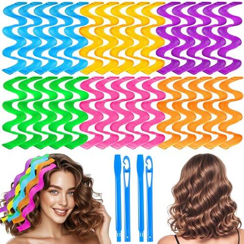 Front. DORLUKFU - 30 Pcs Heatless Hair Curlers Wave Curls Styling Kit with 2 Pcs Styling Hooks, No Heat Hair Curlers Heatless Wave Curlers.