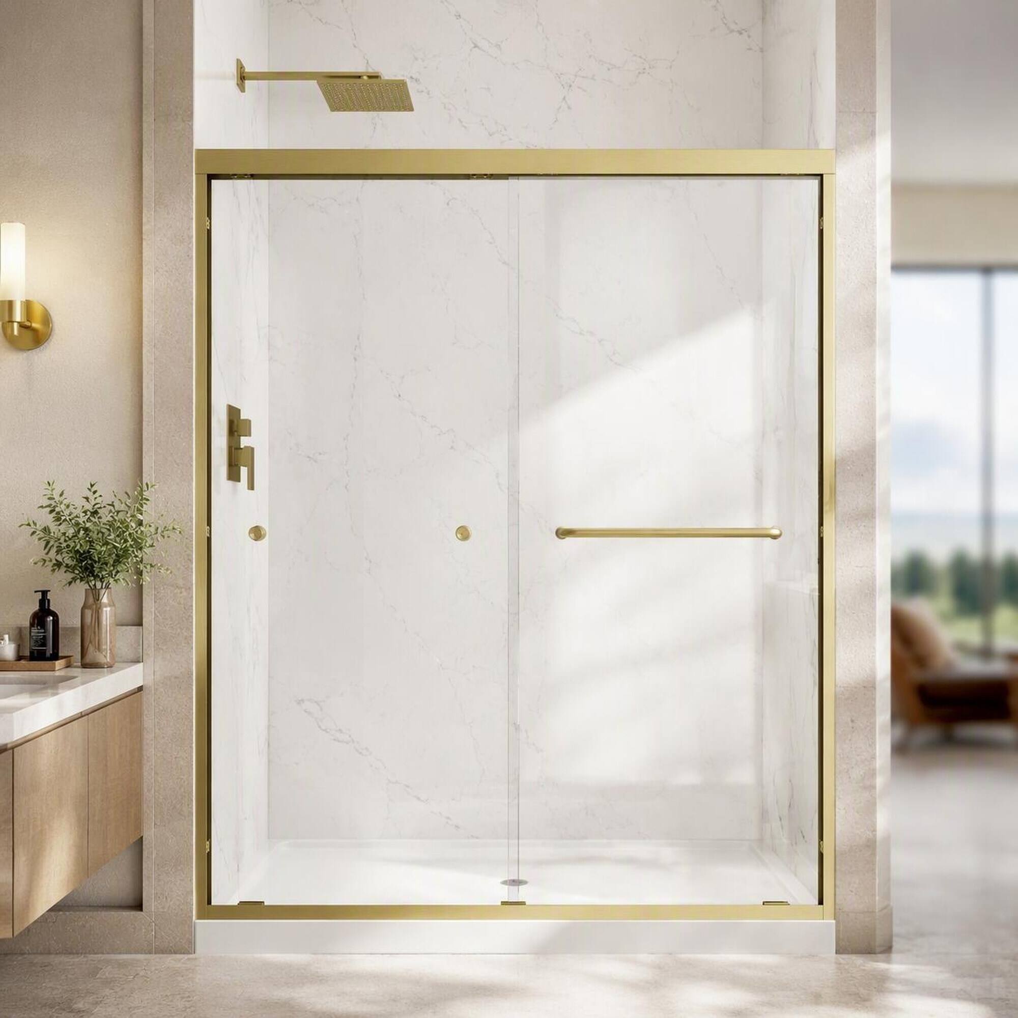 Front. RYHNUYNE - 55-60" W X 72" H Brushed Gold Double Bypass Sliding Shower Door With 1/4" Tempered Glass, Nano Safety Film - Brushed Gold.