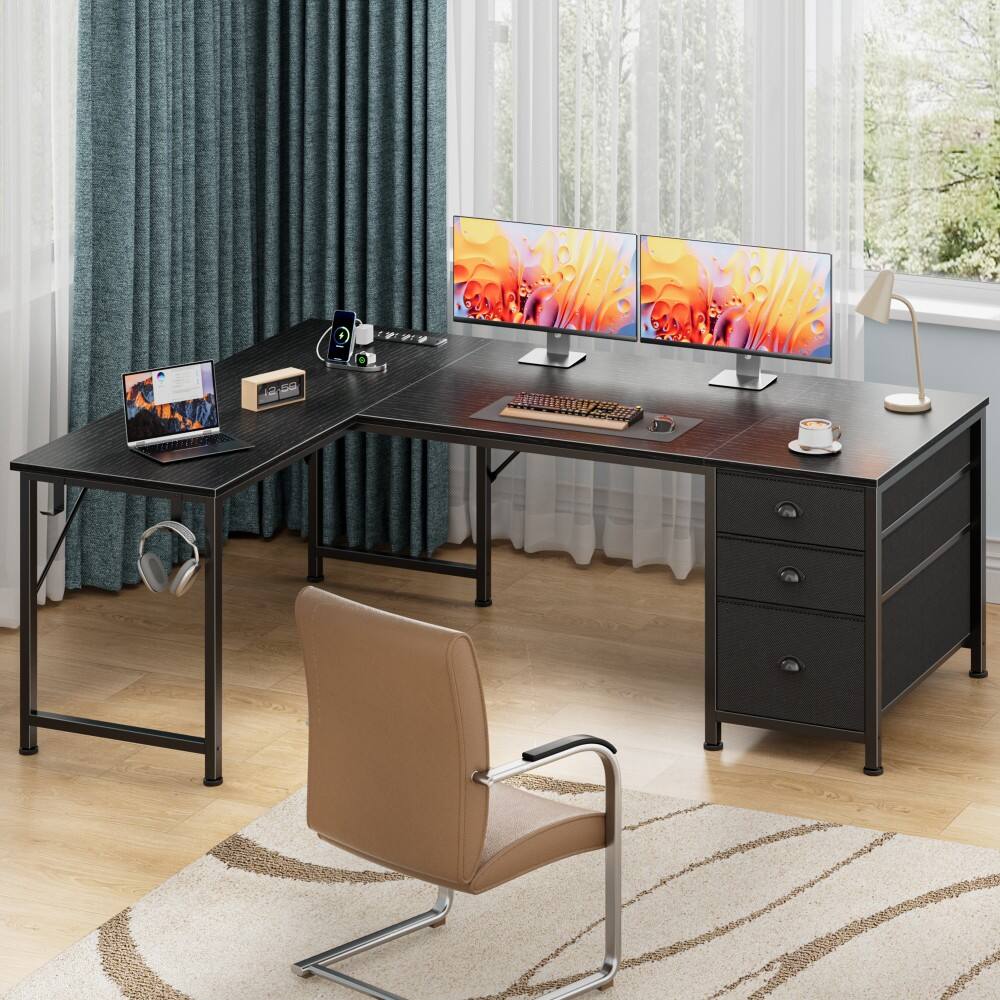 Alt View 9. Furnulem - L Shaped Gaming Desk Computer Corner Table with Power Outlets USB File Fabric Drawers Large Storage - Black.