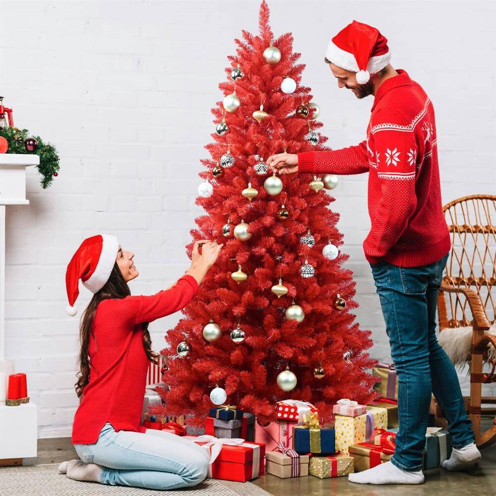 Left. Pefilos - 7ft PVC Christmas Tree with Hinged Branches for Easy Setup, 1066 Tips, Stable Metal Base for Christmas Decor - Red.