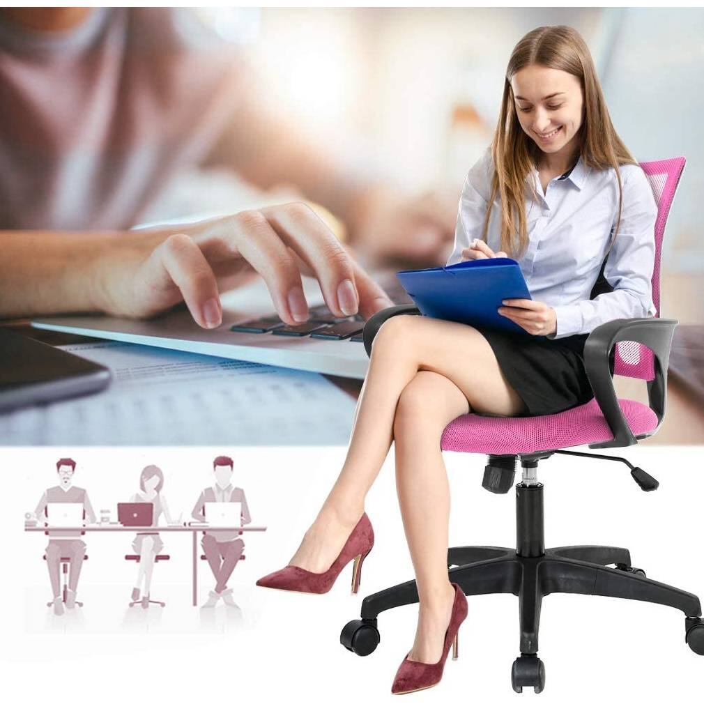 Left. Hivvago - Pink Modern Mid-Back Ergonomic Mesh Office Desk Chair with Armrest on Wheels - Pink.