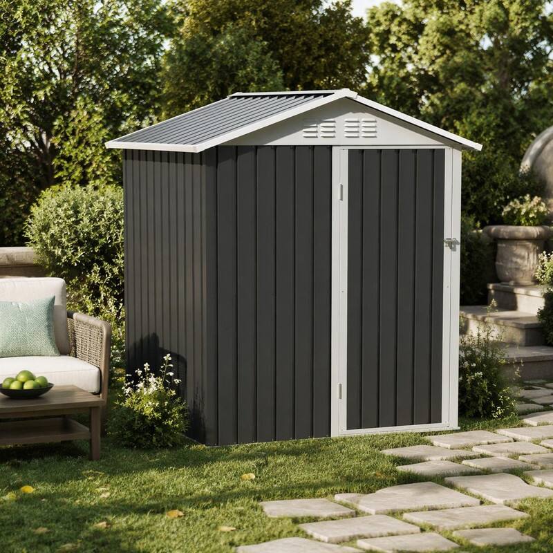 Angle. RYHNUYNE - 5.4x4.24 FT Outdoor Garden Storage Shed,Heavy Duty Metal Frame Weather Resistant Tool Shed for Patio - Grey.