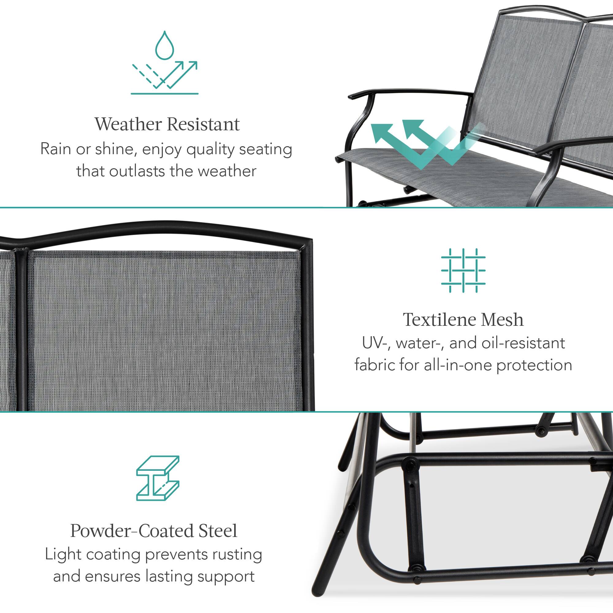 Weather Resistant  
Rain or shine, enjoy quality seating that outlasts the weather  

Textilene Mesh  
UV-, water-, and oil-resistant fabric for all-in-one protection  

Powder-Coated Steel  
Light coating prevents rusting and ensures lasting support