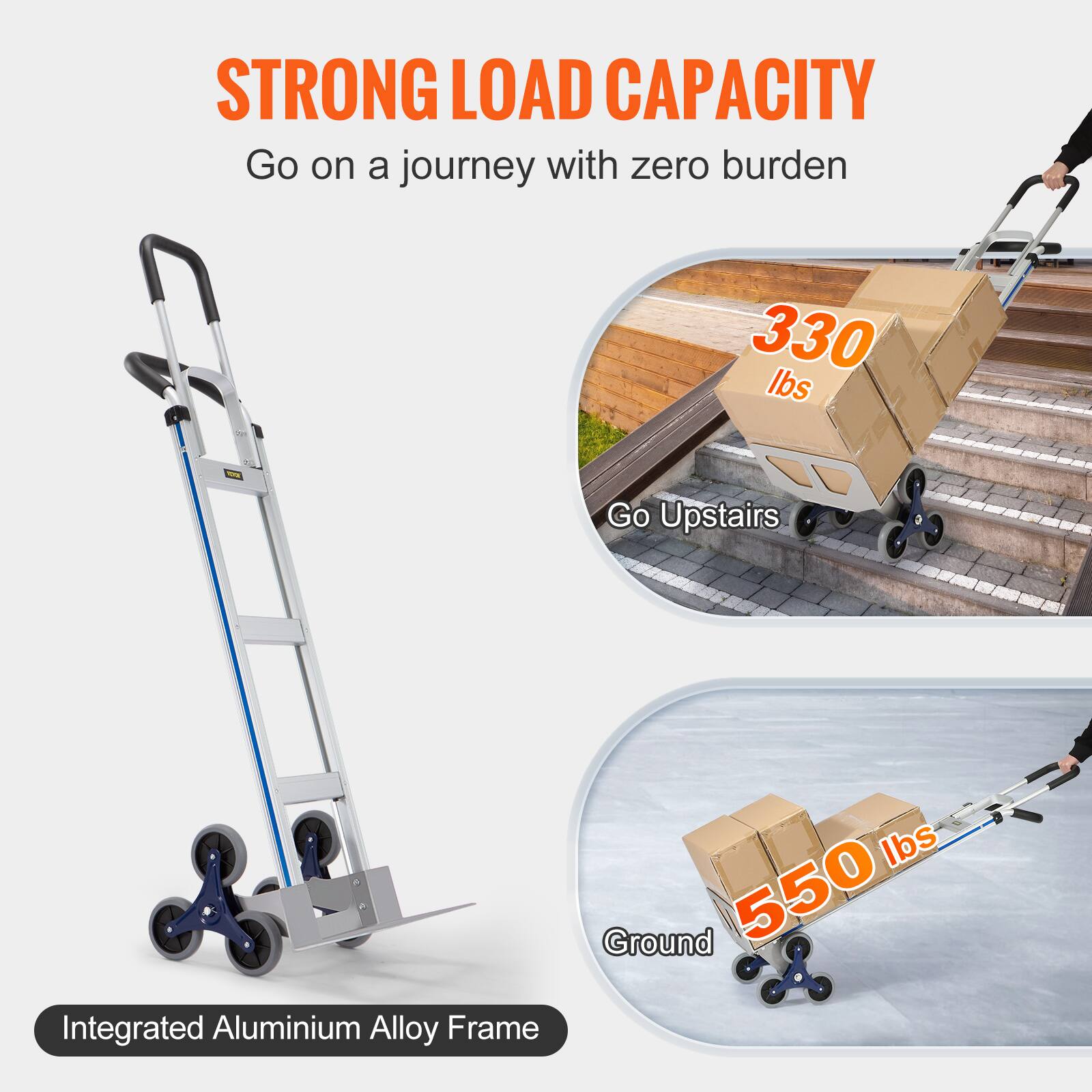 STRONG LOAD CAPACITY  
Go on a journey with zero burden  

330 lbs  
Go Upstairs  

550 lbs  
Ground  

Integrated Aluminium Alloy Frame