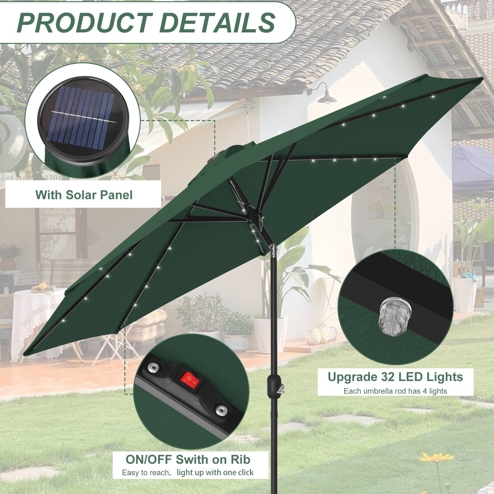 PRODUCT DETAILS

- With Solar Panel
- Upgrade 32 LED Lights
  - Each umbrella rod has 4 lights
- ON/OFF Switch on Rib
  - Easy to reach, light up with one click