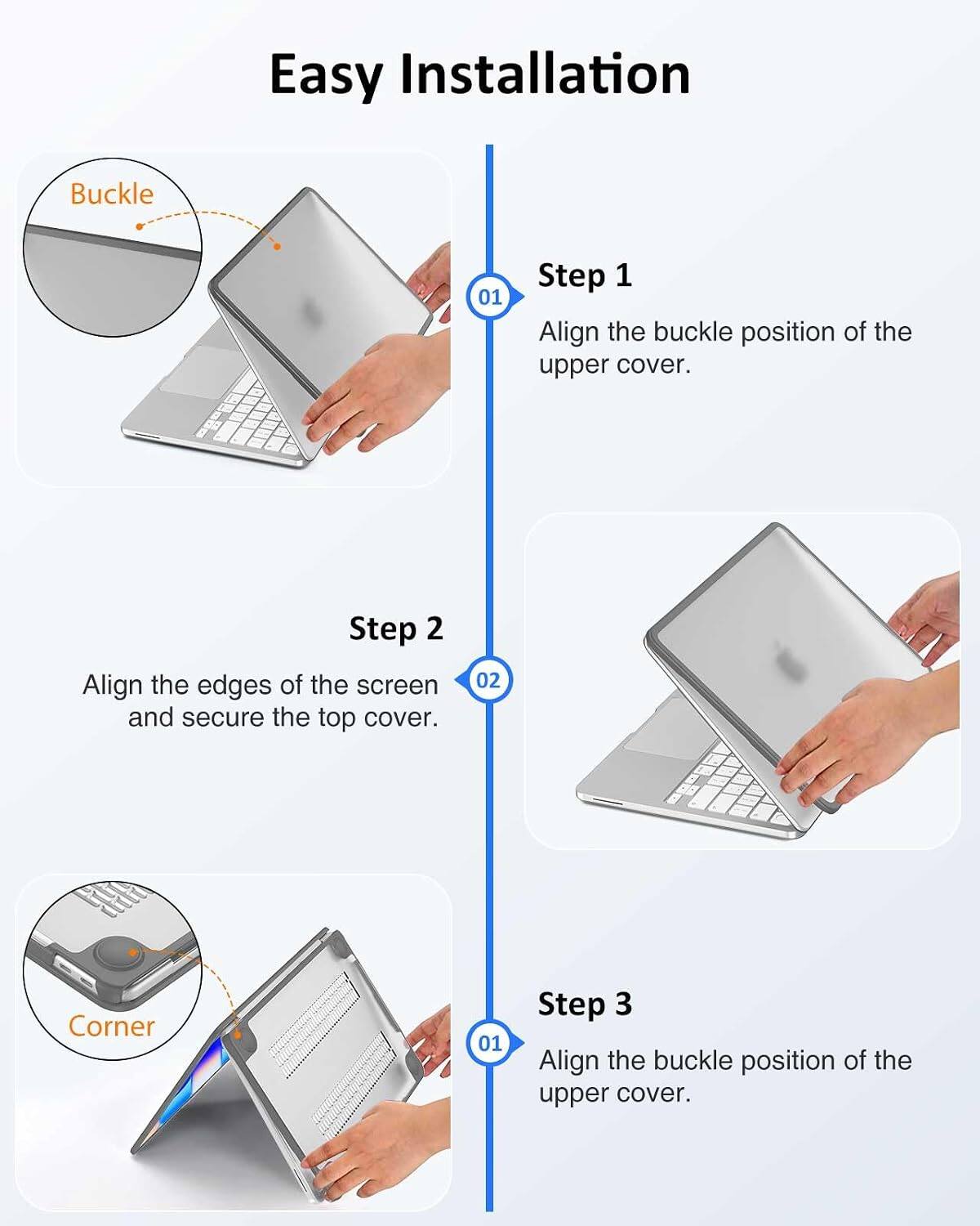 Easy Installation

Step 1
Align the buckle position of the upper cover.

Step 2
Align the edges of the screen and secure the top cover.

Step 3
Align the buckle position of the upper cover.