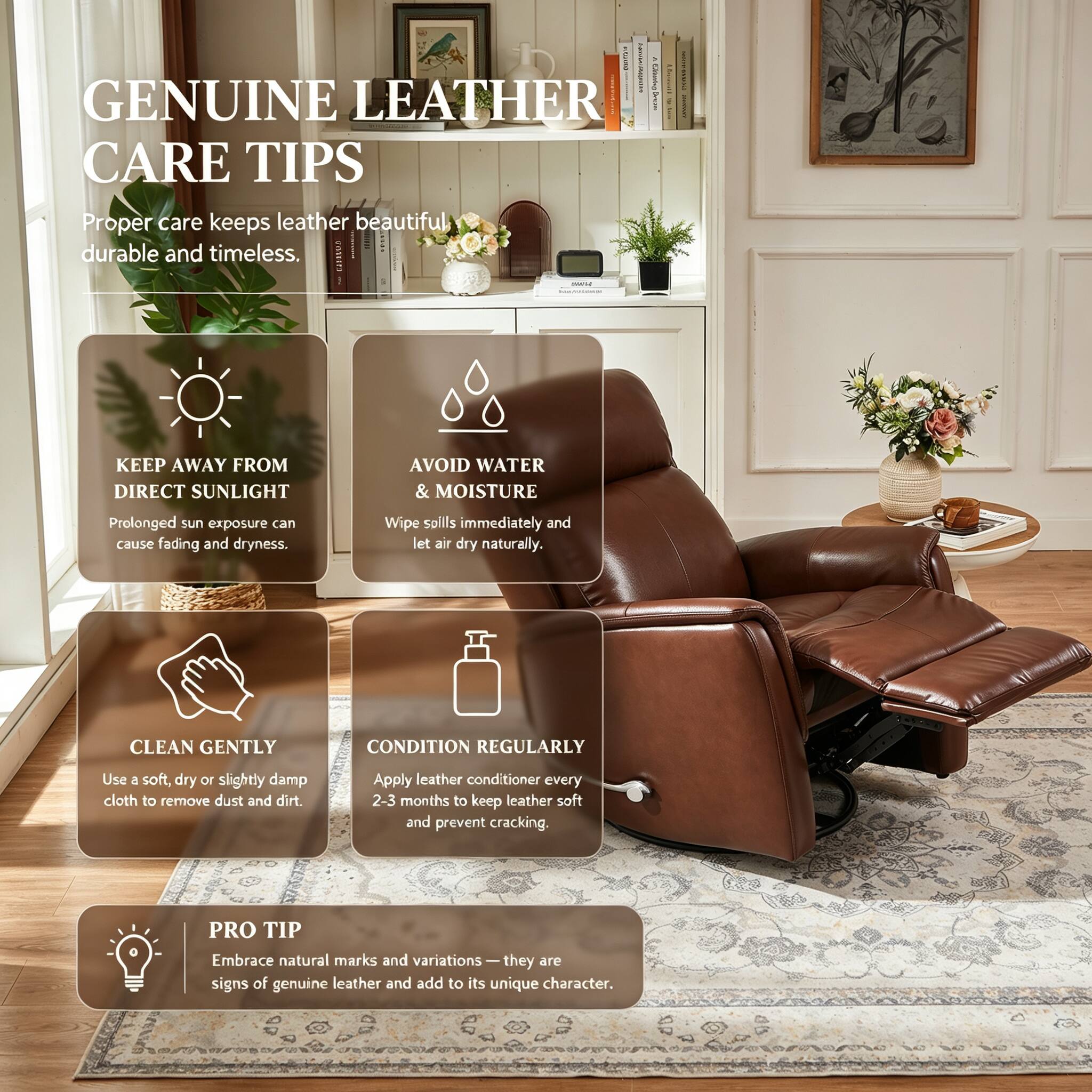 GENUINE LEATHER CARE TIPS

Proper care keeps leather beautiful, durable and timeless.

1. KEEP AWAY FROM DIRECT SUNLIGHT
   Prolonged sun exposure can cause fading and dryness.

2. AVOID WATER & MOISTURE
   Wipe spills immediately and let air dry naturally.

3. CLEAN GENTLY
   Use a soft, dry or slightly damp cloth to remove dust and dirt.

4. CONDITION REGULARLY
   Apply leather conditioner every 2-3 months to keep leather soft and prevent cracking.

PRO TIP
Embrace natural marks and variations — they are signs of genuine leather and add to its unique character.