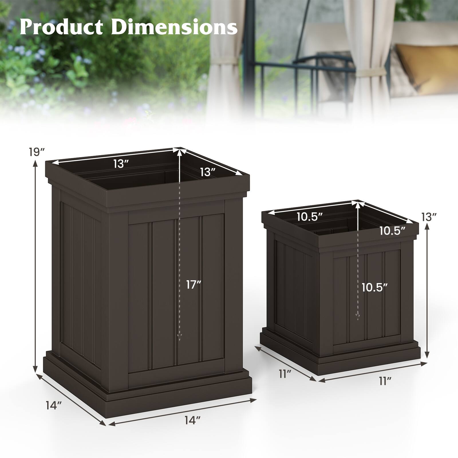 Product Dimensions

- Large: 19" x 13" x 13" x 17" x 14" x 14"
- Small: 10.5" x 10.5" x 11" x 11" x 13"