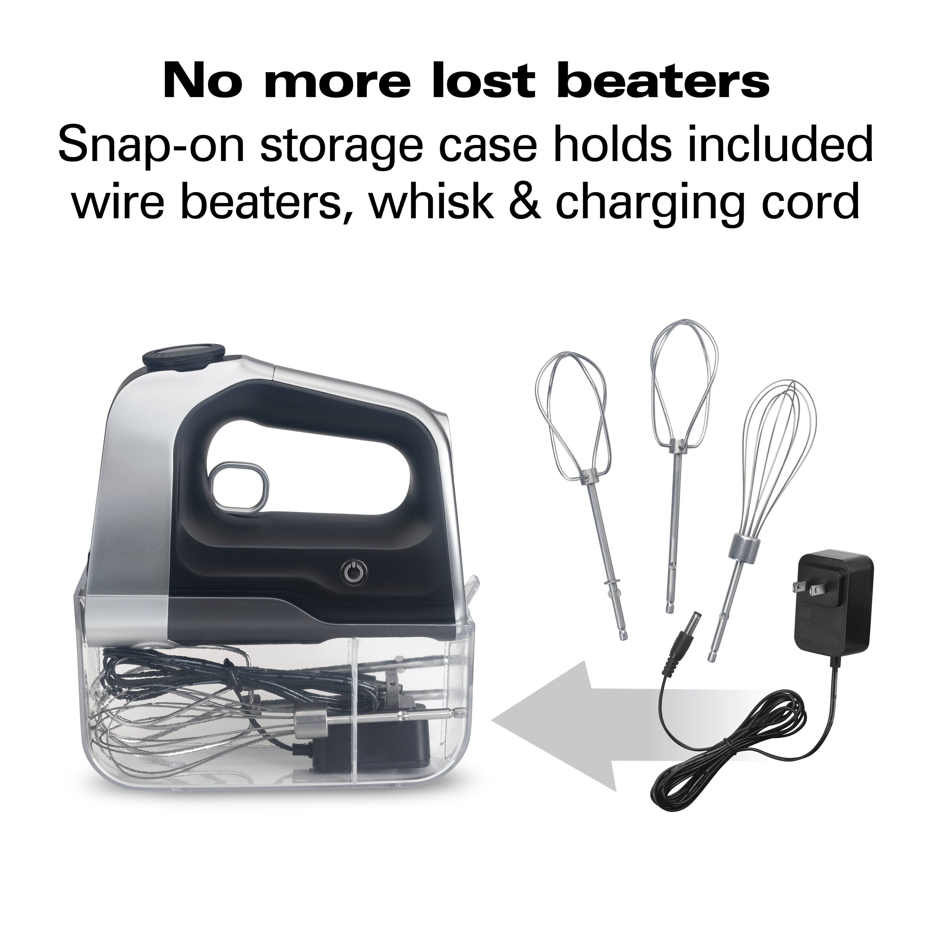 No more lost beaters  
Snap-on storage case holds included wire beaters, whisk & charging cord