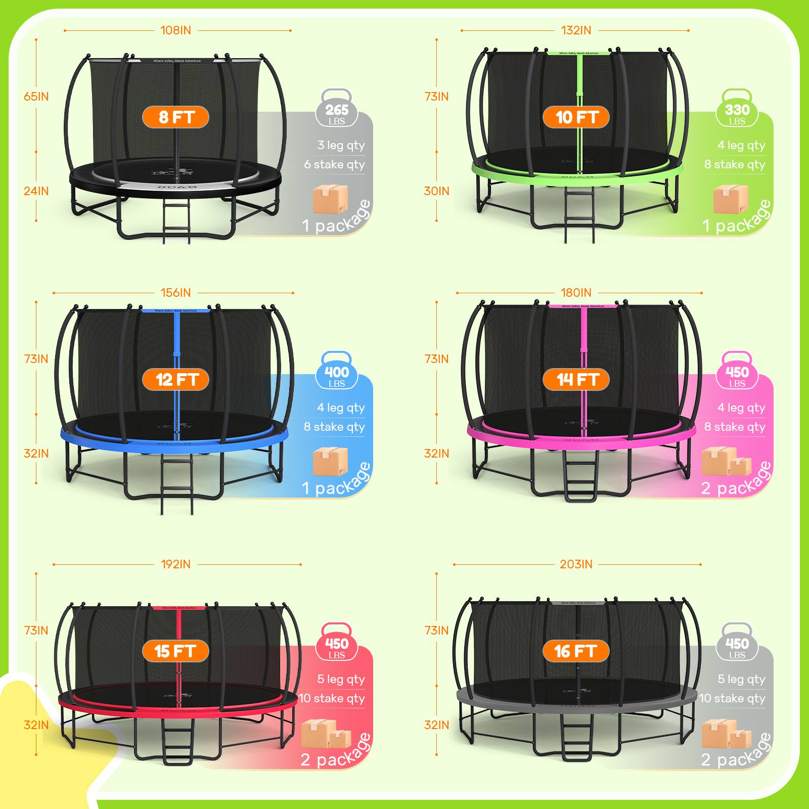 - 108IN x 132IN
  - 65IN height
  - 24IN depth
  - 8 FT
  - 265 LBS
  - 3 leg qty
  - 6 stake qty
  - 1 package

- 132IN x 156IN
  - 73IN height
  - 30IN depth
  - 10 FT
  - 330 LBS
  - 4 leg qty
  - 8 stake qty
  - 1 package

- 156IN x 180IN
  - 73IN height
  - 32IN depth
  - 12 FT
  - 400 LBS
  - 4 leg qty
  - 8 stake qty
  - 1 package

- 180IN x 192IN
  - 73IN height
  - 32IN depth
  - 14 FT
  - 450 LBS
  - 4 leg qty
  - 8 stake qty
  - 