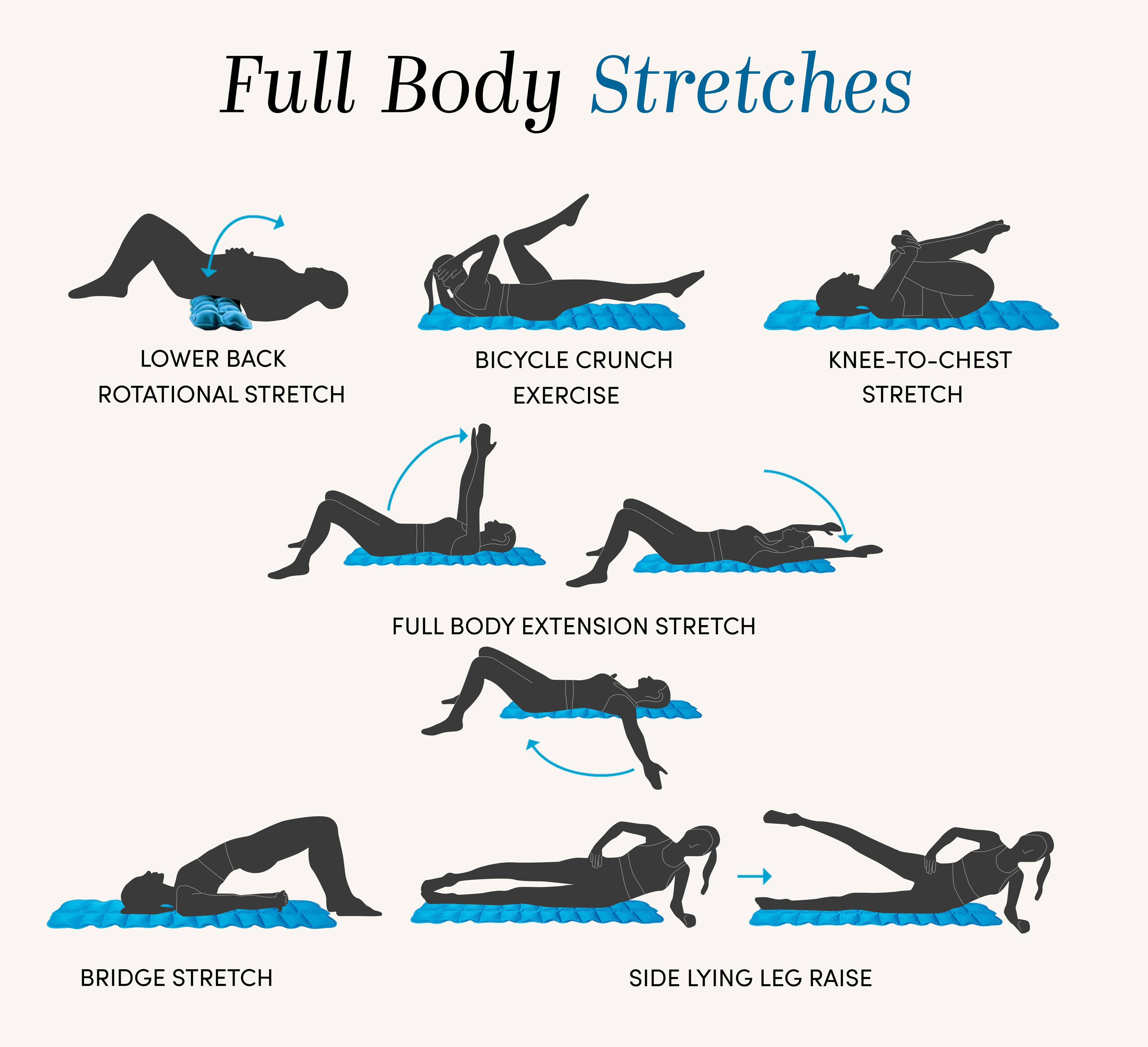 Full Body Stretches

- LOWER BACK ROTATIONAL STRETCH
- BICYCLE CRUNCH EXERCISE
- KNEE-TO-CHEST STRETCH
- FULL BODY EXTENSION STRETCH
- BRIDGE STRETCH
- SIDE LYING LEG RAISE