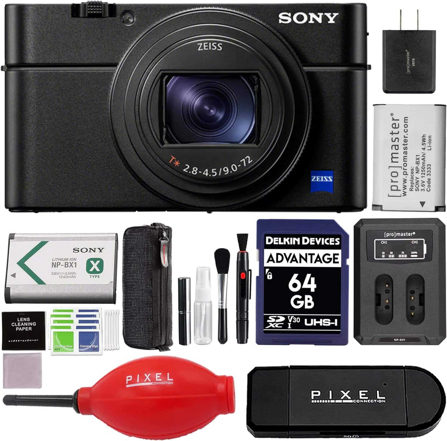 Cyber-shot DSC-RX100 VII Digital Camera Bundle with 64GB SD Card, Cleaning Kit, Blower, More | Sony DSCRX100M7 - Black