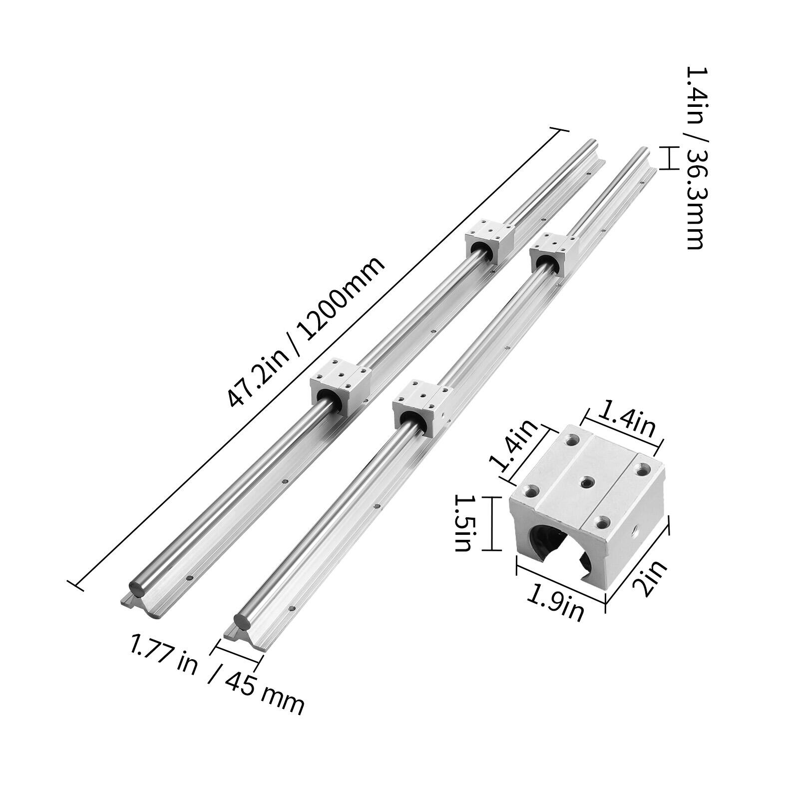 1200mm - 47.2in  
47.2in / 1200mm  
1.77in / 45mm  
1.4in / 36.3mm  
1.4in  
1.4in  
1.5in  
2in  
1.9in