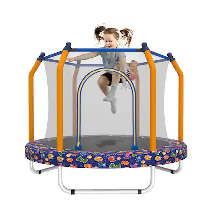 Front. Loheer - 55-Inch Kids Indoor & Outdoor Trampoline with Safety Enclosure Net & Basketball Hoop - Safe for Toddlers.