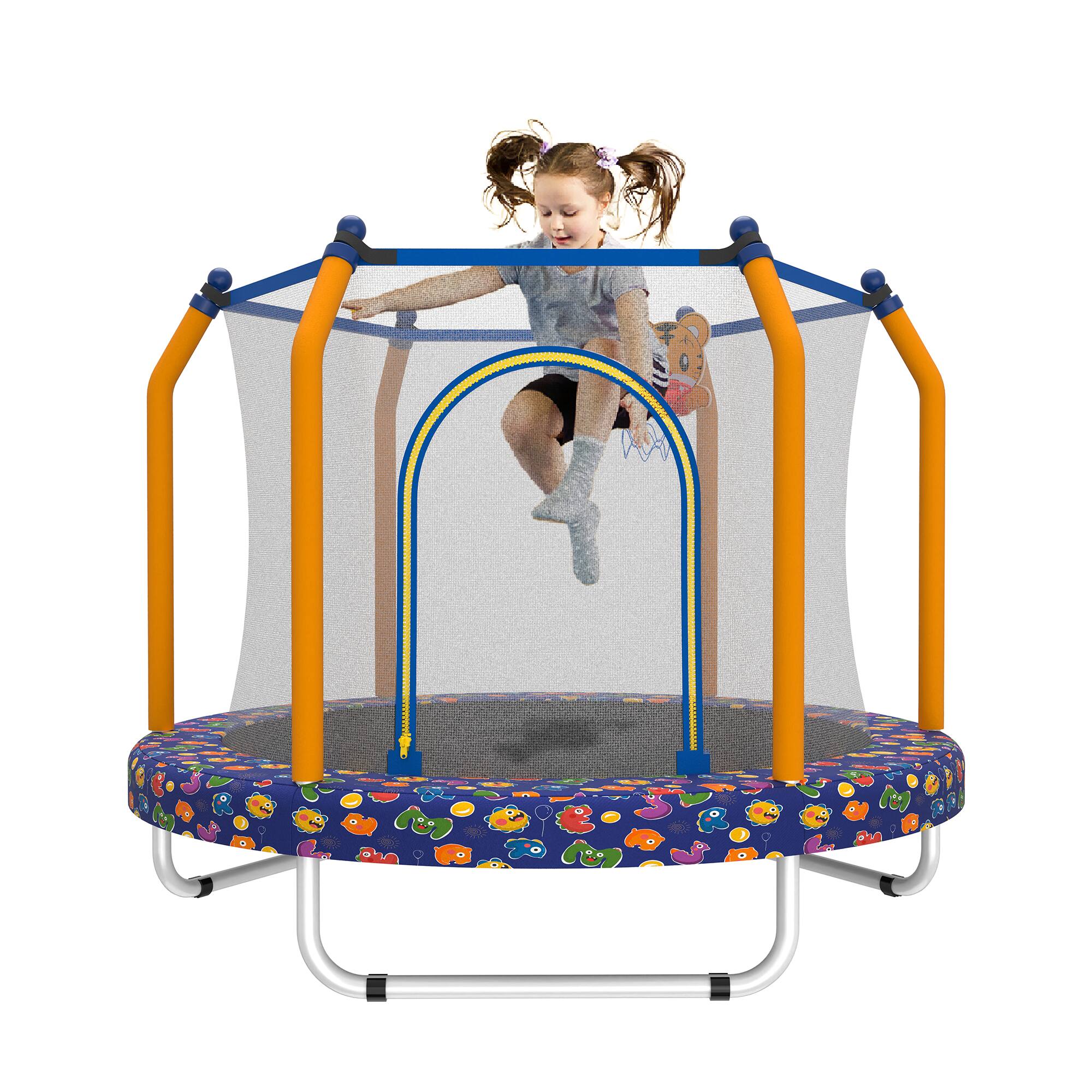 Front. Loheer - 55-Inch Kids Indoor & Outdoor Trampoline with Safety Enclosure Net & Basketball Hoop - Safe for Toddlers.