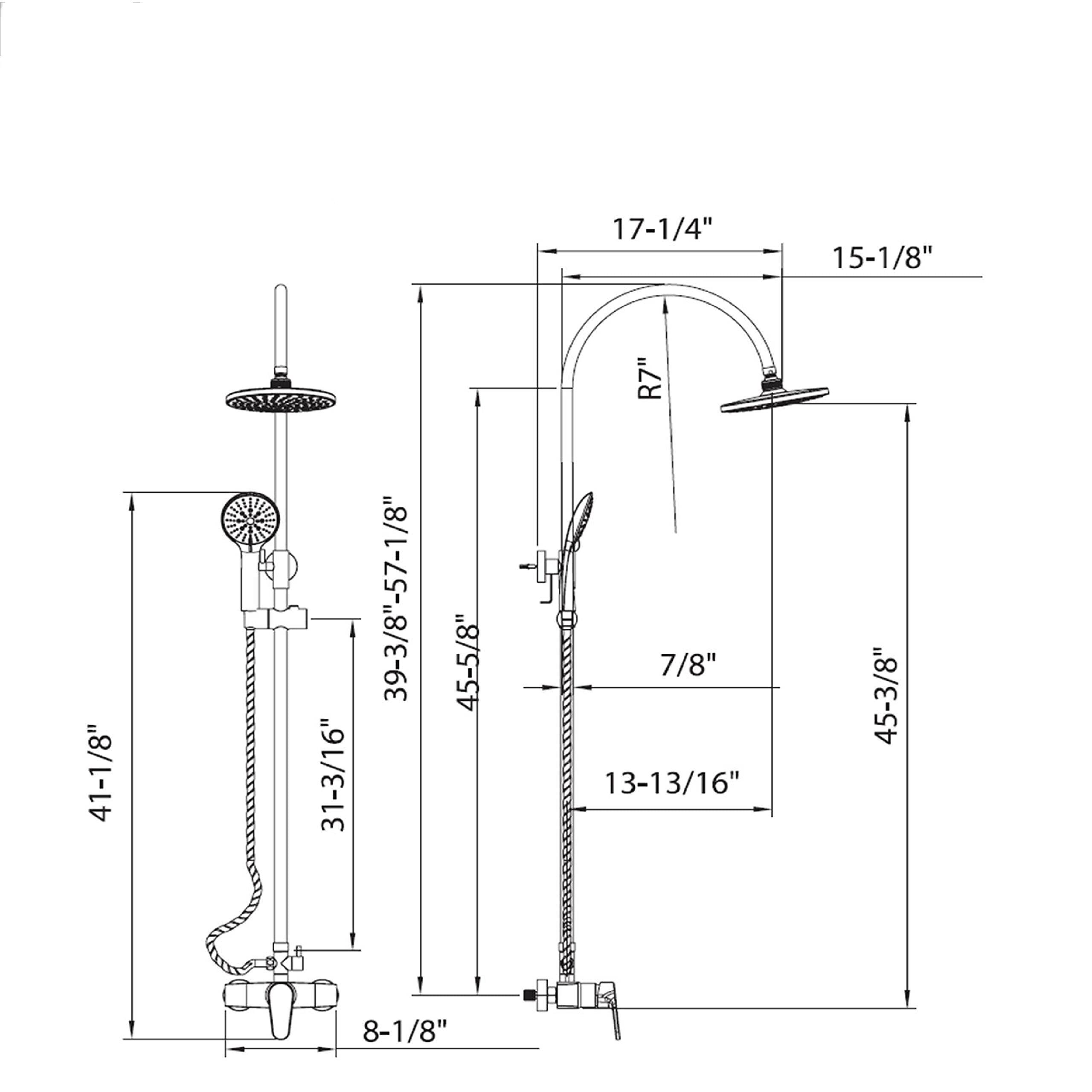 17-1/4" 15-1/8" 41-1/8" 31-3/16" 39-3/8"-57-1/8" 45-5/8" R7" 7/8" 13-13/16" 45-3/8" 8-1/8"