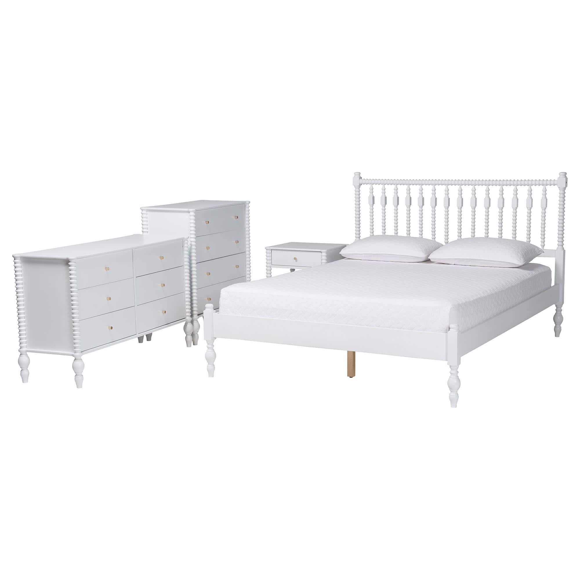 Baxton Studio - Denita Spindle 4-Piece Bedroom Set - Farmhouse Platform Bed with Matching Dresser, Chest, and 1-Drawer Nightstand, Full - White