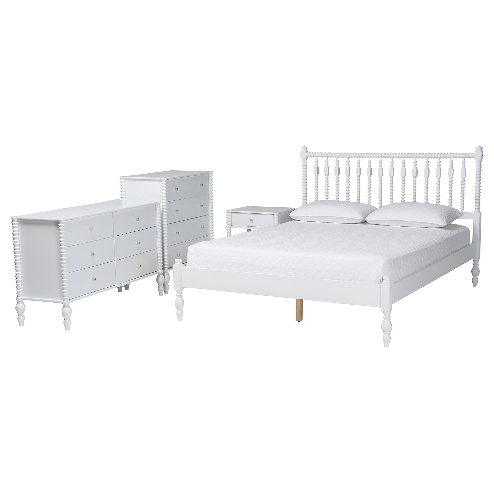Front. Baxton Studio - Denita Spindle 4-Piece Bedroom Set - Farmhouse Platform Bed with Matching Dresser, Chest, and 1-Drawer Nightstand, Full - White.