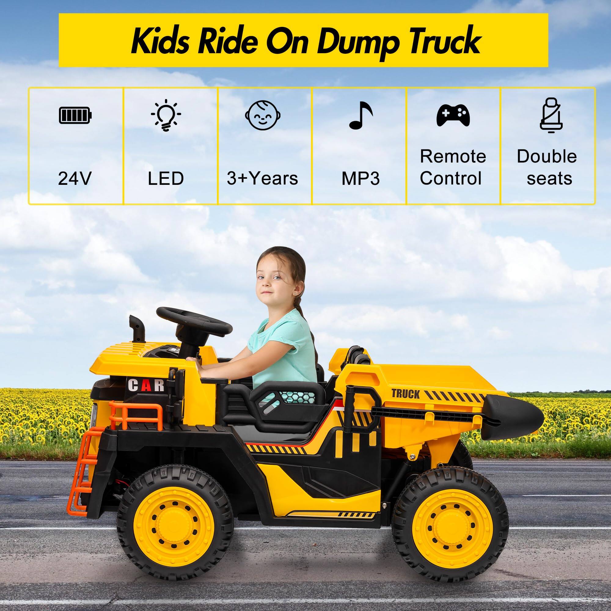 Kids Ride On Dump Truck

- 24V
- LED
- 3+Years
- MP3
- Remote Control
- Double seats