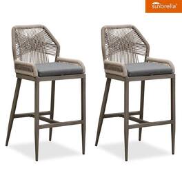 PURPLE LEAF - Outdoor Sunbrella Bar Stool Set of 2, Wicker Rattan Bar stools with Back Aluminum Outside Garden Patio Bar Chairs - Light Grey & Grey-Bar Height