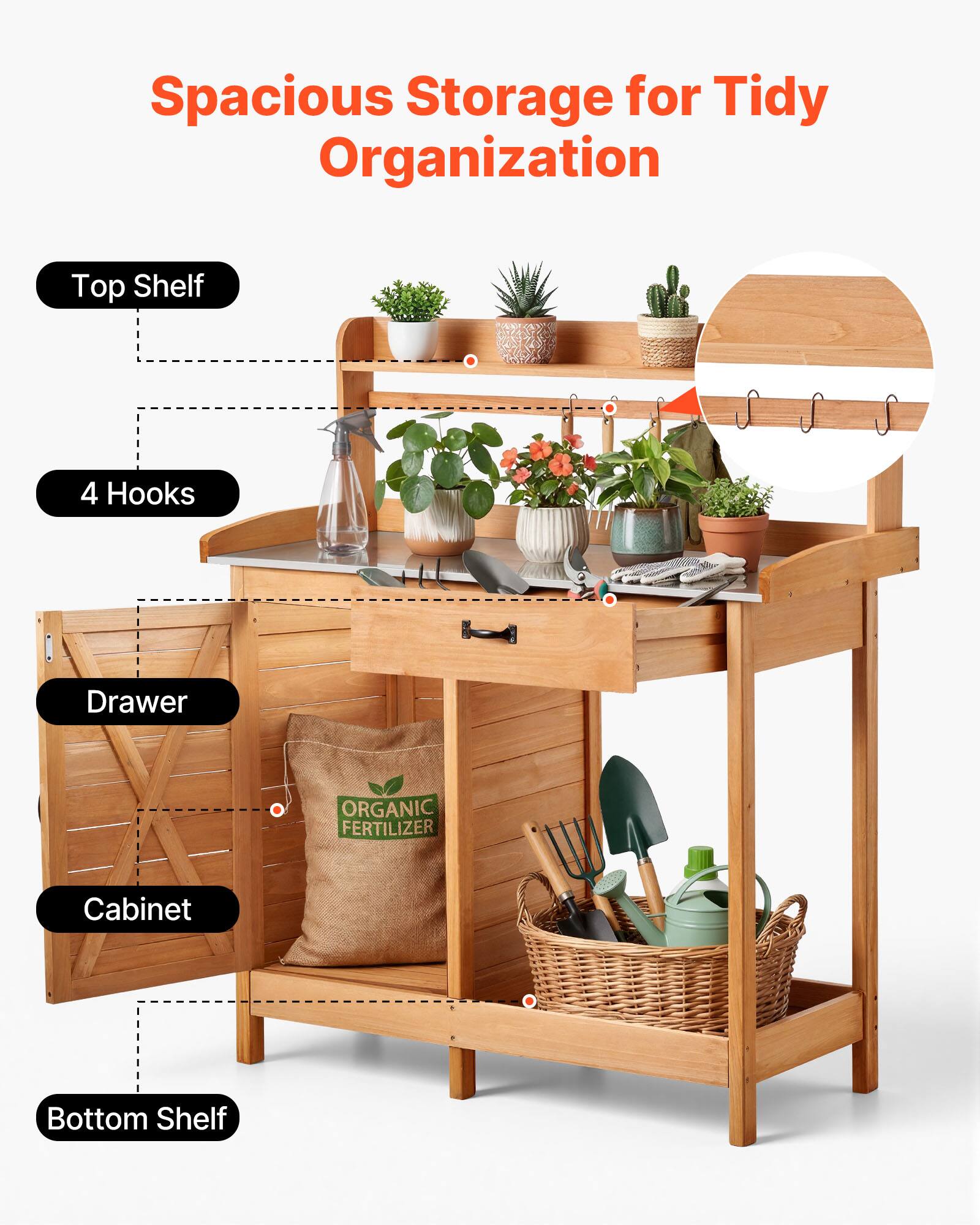 Spacious Storage for Tidy Organization  
Top Shelf  
4 Hooks  
Drawer  
Cabinet  
Bottom Shelf